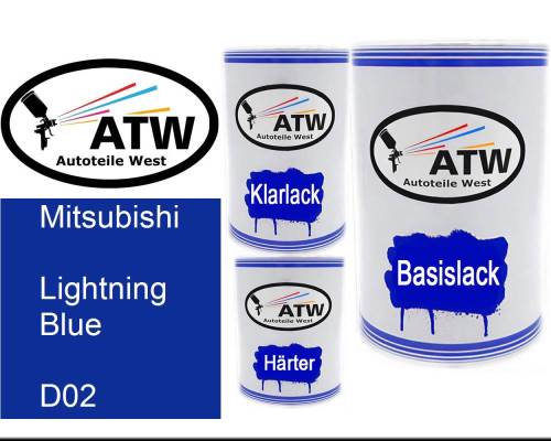 Mitsubishi, Lightning Blue, D02: 500ml Lackdose + 500ml Klarlack + 250ml Härter - Set, von ATW Autoteile West.
